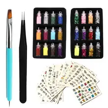 Разноцветные Блестки для ногтей, блестящая пудра, наклейки для маникюра, нейл-арта, наклейки с щеткой, пинцеты для женщин