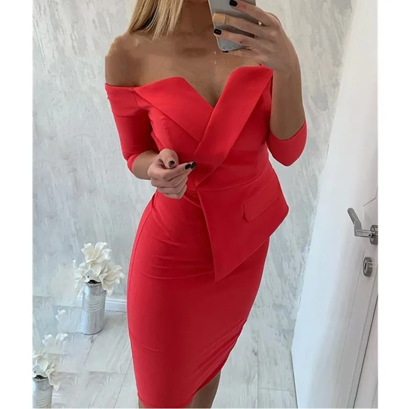 

Autumn Women Off Shoulder Bodycon Dress Asymmetrical Hem Office Lady Sheath Solid Slim Elegant Midi Dress