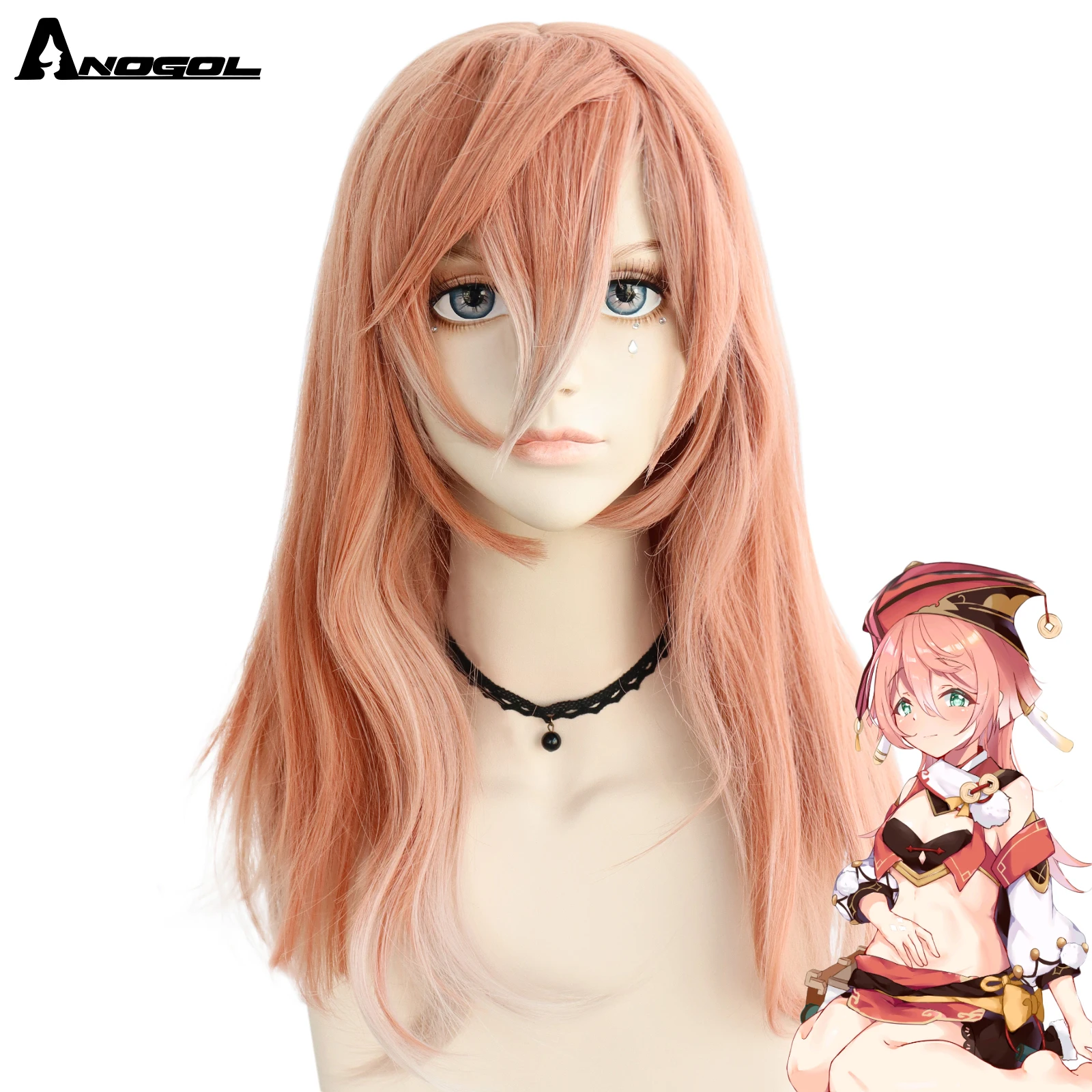 [ANOGOL]Resistant High Temperature Fiber Synthetic Pink Wigs Halloween for Genshin Impact Traveler Cosplay Wig