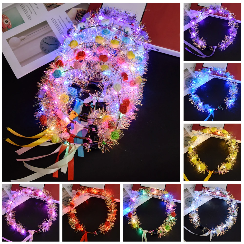 3 шт., повязка на голову с цветами, светодиодный светильник, венок для волос, Свадебная вечеринка, корона, повязка на голову, гирлянды, женские рождественские светящиеся венки, украшения