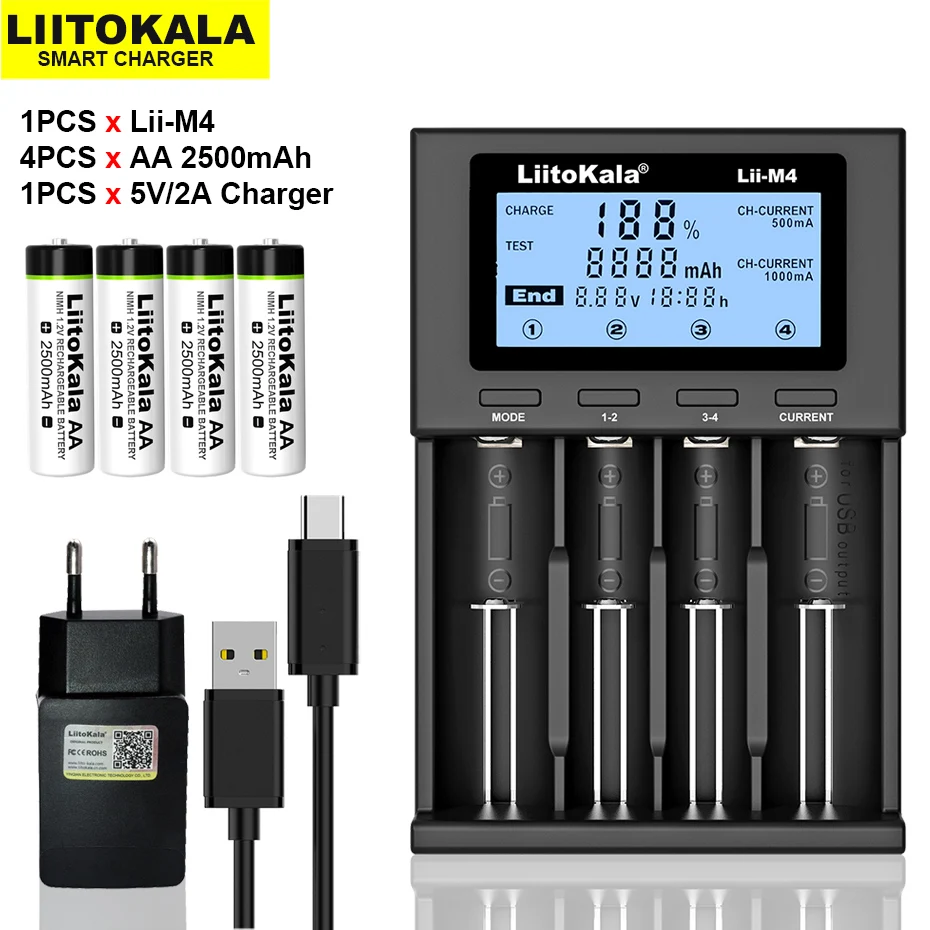 

Новинка LiitoKala Lii-M4 18650 литий-ионная батарея умное зарядное устройство испытательная емкость + 4 шт. AA 1,2 V NiMH 2500mAh перезаряжаемые батареи