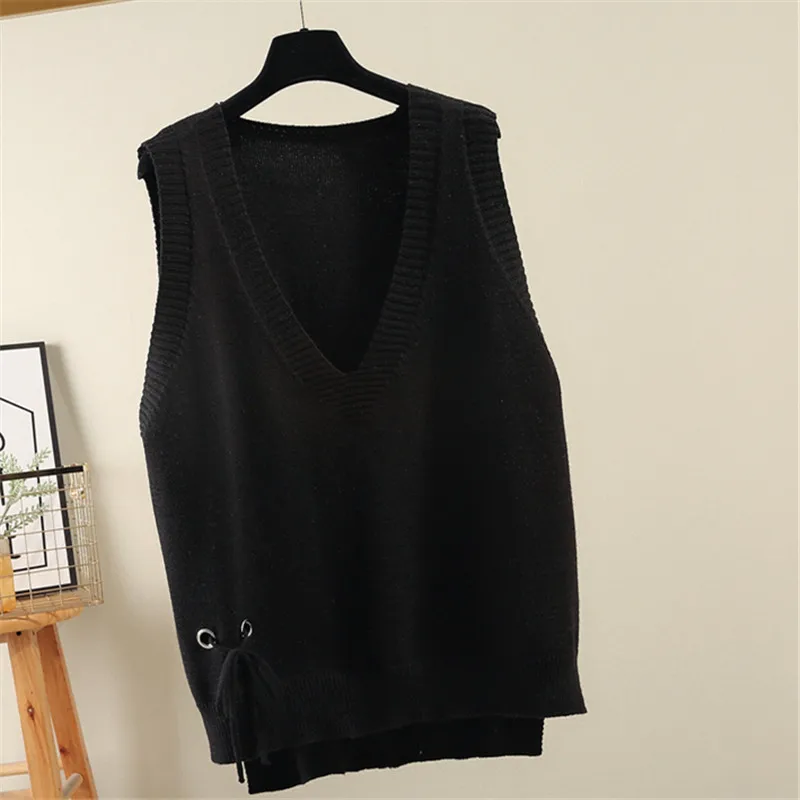 New Autumn Winter Vests For Women V-Neck Loose Waistcoat Bow Hollow-out Plus Size Knitted Jacket Female Sweater Vest M-2XL
