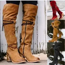 Женские сапоги выше колена; chaussure; ботинки гладиаторские на высоком каблуке; теплая Винтажная обувь из искусственной кожи; женская обувь; zapatos mujer sapato; H722