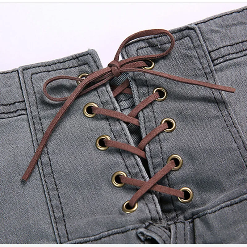 Plus Size High Waist Button Up Skinny Pencil Jeans 4Xl 5Xl Sexy Women Spring Back Lace Up Slim Fit Light Gray Casual Long Jeans