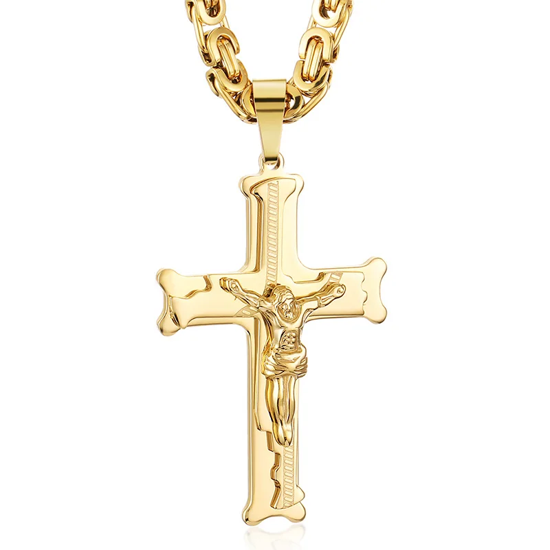 Crucifixion Catholic Cross Pedant Necklace Thick Stainless Steel Necklaces Long Personalized Catholic Neckless Men Jewelry Gift - Окраска металла: gold