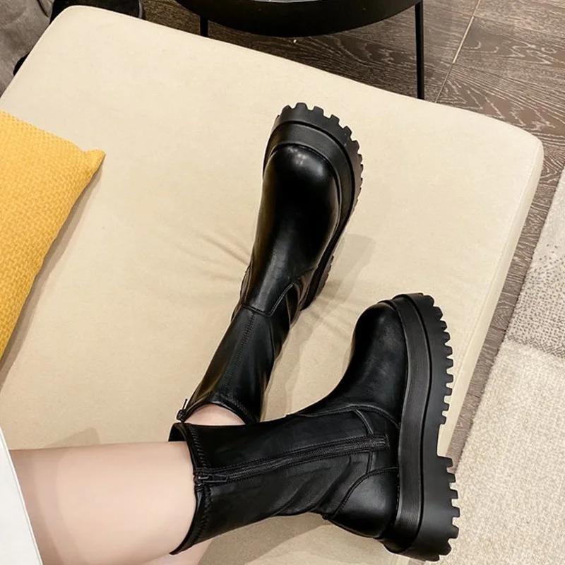 Botas de media caña con plataforma y cordones para mujer, zapatos de piel sintética con cremallera, informales, antideslizantes