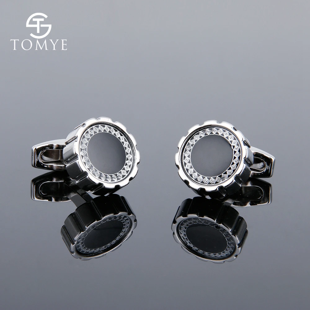 

TOMYE Men's Cufflinks Black Fashion High End Custom Enamel Gear Suit Shirt Cuff Links Studs Silver XK19S102