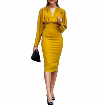 

2019 Autumn And Winter Fashion New Women's Dress Long-sleeved Yellow V-neck Dress Female