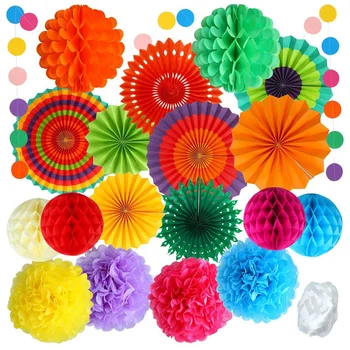 

20Pcs Colourful Party Fiesta Decorations Paper Fans Paper Flower Ball Honeycomb Balls Set for Wedding Birthday Events Festival S