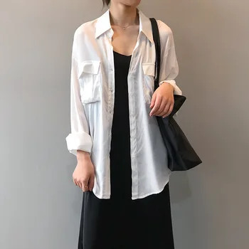 

2020 Summer New Pocket Design Long Sleeve Loose Shirt Womens Tops and Blouses White Korean Fashion Clothing Streetwear