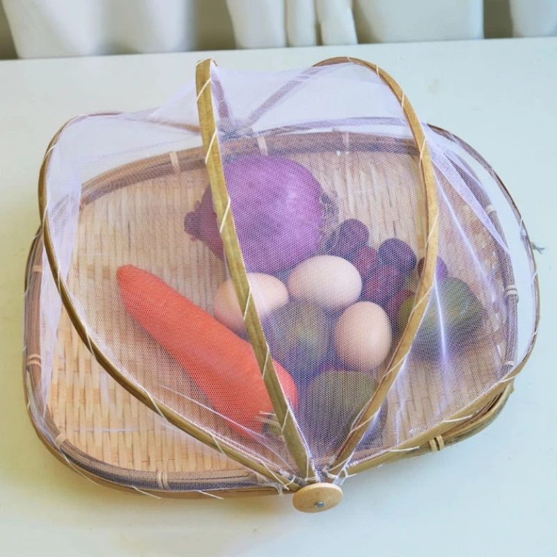 Handmade Bamboo Storage Basket Anti-Mosquito Dustproof Mesh Drying Fruit And Vegetable Tray | Дом и сад