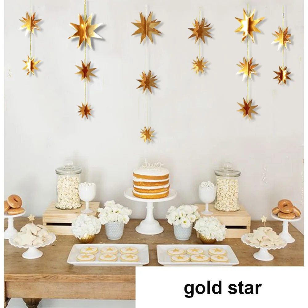 6PCS/String 3D Hollow Snowflake Banner Paper Jam Hanging Ornaments Cardboard Star Charming Home Decoration New Year Supplies - Цвет: gold star