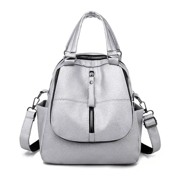 

High Quality Leather Backpack Women Small Soft Solid Silver Black Ladies Pu Back Pack Casual Simple City Portable Bagpack New