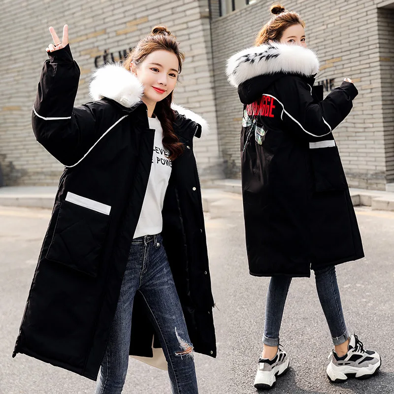 

Clip Color Large Fur Collar Embroidered Cotton Coat 2019 Winter New Style Fashion WOMEN'S Dress Korean-style Loose-Fit Mid-lengt