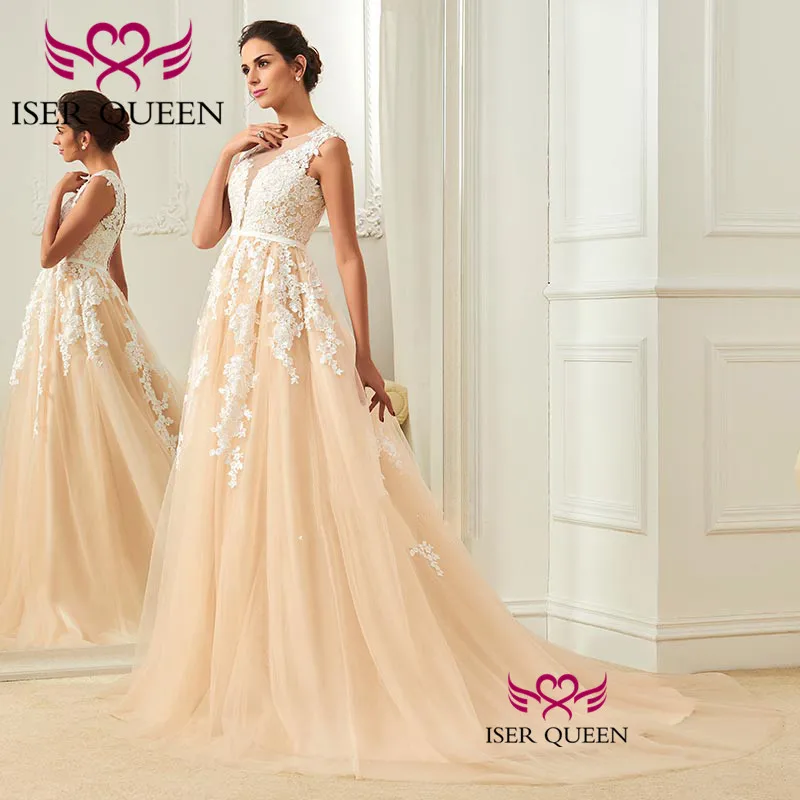 

Gorgeous Appliques Illusion V-neck Sleeveless Button Champagne Summer Wedding Dresses A-line Tulle Thin White Sashes w0114