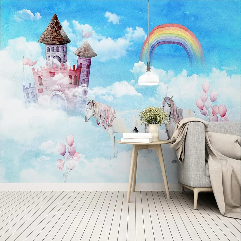 3D обои, современные, ручная роспись, голубое небо, радуга, фрески, ПВХ, самоклеющиеся, водонепроницаемые, мультфильм, детская комната, фоновая наклейка