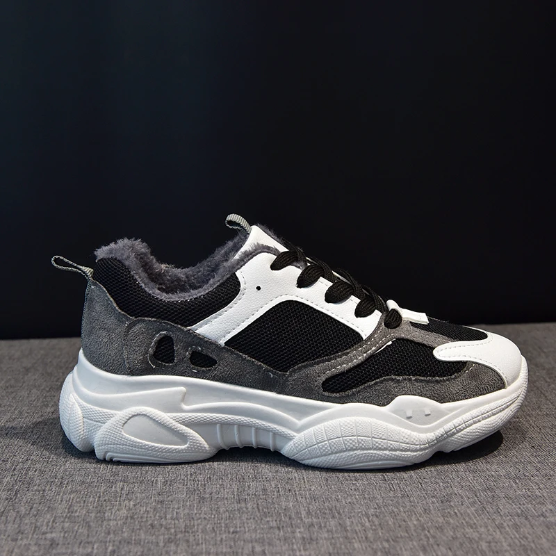 

Vintage Women's Platform Dad Sneakers 2019 Winter PU Leather Retro Dirty Chunky Trainers Woman Thick Sole Shoes Fur Plush Lining