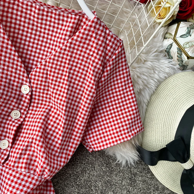 Teeuiear Slim Vintage V Neck Plaid Print Button Dress Slim ladies Summer Midi dress vestido de festa Party Women a-line Dresses