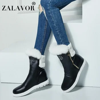 

ZALAVOR Concise Women Ankle Boots Zipper Keep Warm Thick Fur High Heels Shoes Round Toe Leisure Women Footwear Size 34-43