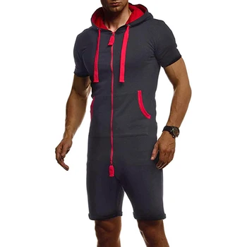 

One Piece Men Overalls Slim Fit Hooded Short Sleever Short Jumpsuit with Pocket Hoody Casual Tracksuit Sportwear 2020 Summer