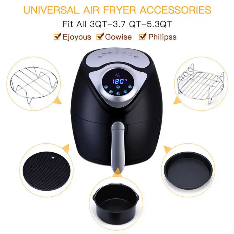 7 pouces Kamtop Kit d/'accessoires pour friteuse à air 11 en 1 pour friteuse à air Power Universal 3.2-7.2QT avec casseroles Grilles à pizza à gâteau Boîtes à pain Moules Brochettes Brosse Clip BBQ