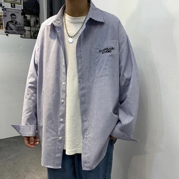 

2020 Spring And Autumn New Youth Stripe Loose Long Sleeve Shirt Fashion Casual Wild Top Jacket Khaki / Blue / Green M-2XL