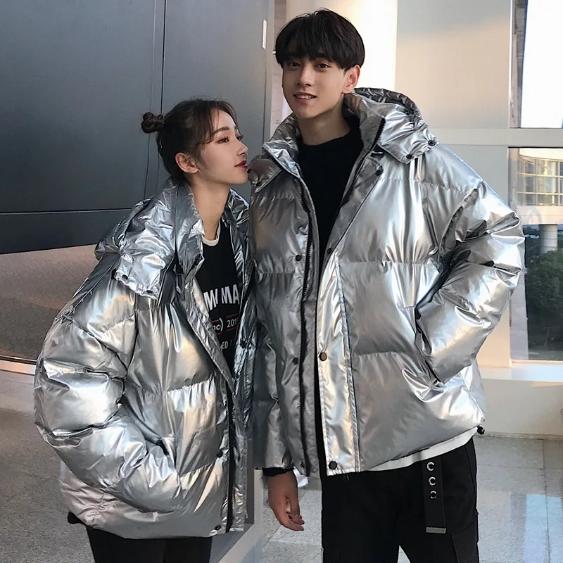 

Couple Clothes Winter 2018 New Style Korean-style Couples Cotton Coat Silver Short Tone-on-Tone Cotton-padded Clothes Women's Lo