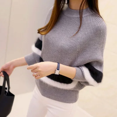 Blusa трикотажные свитера осенние женские свитера в полоску с крыльями летучей мыши пуловеры плюс размер готические вязаные свитера женские джемперы Топы - Цвет: Серый