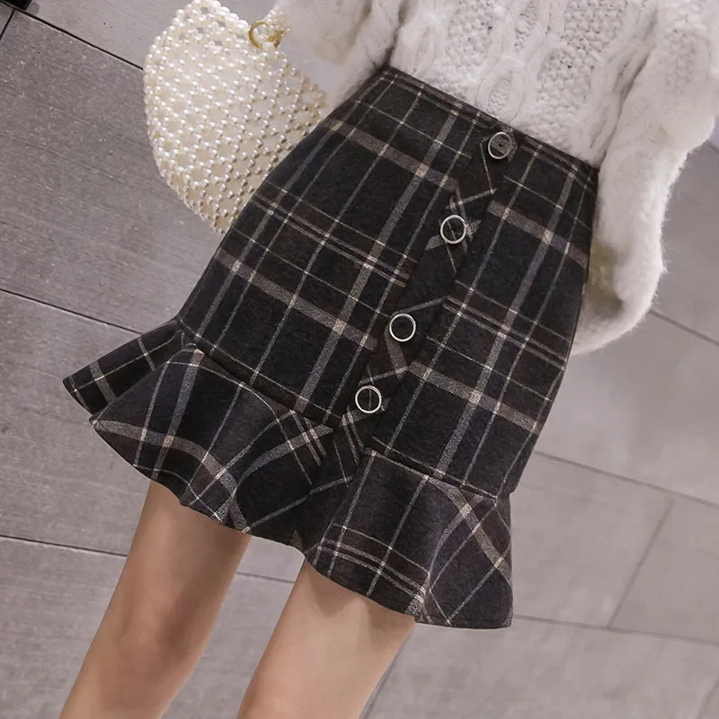 Lychee, Harajuku, клетчатая Женская юбка с принтом, высокая талия, оборки, пуговицы, мини, женские юбки, повседневные, расклешенные, Осень-зима, для девушек
