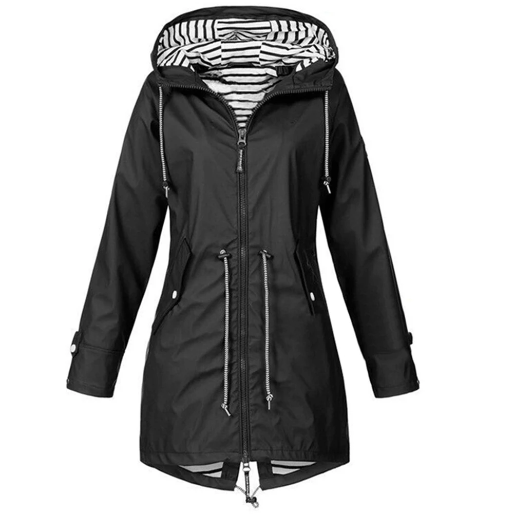 Женская водонепроницаемая дождевик для улицы, Женская ветровка с капюшоном и длинным рукавом, Женская легкая куртка с капюшоном ENA88 - Цвет: Черный