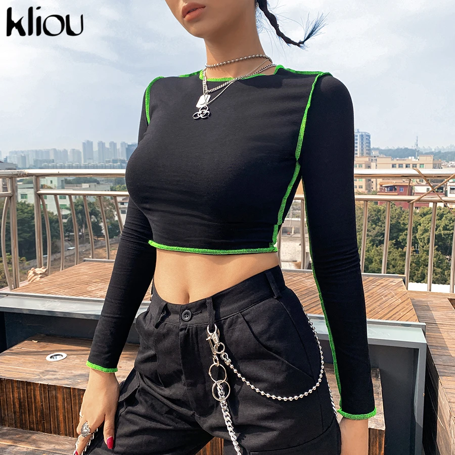 

Kliou high quality woman simple black slim fit soft cotton crop top 2020 long-sleeve Basic Bottoming casual office lady t-shirt