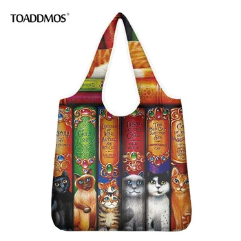 

TOADDMOS Cat Book Shelf Funny Design Reusable Women Shopper Bags Foldable Eco-friendly Home Kitchen Storage Bag Light Bathroom