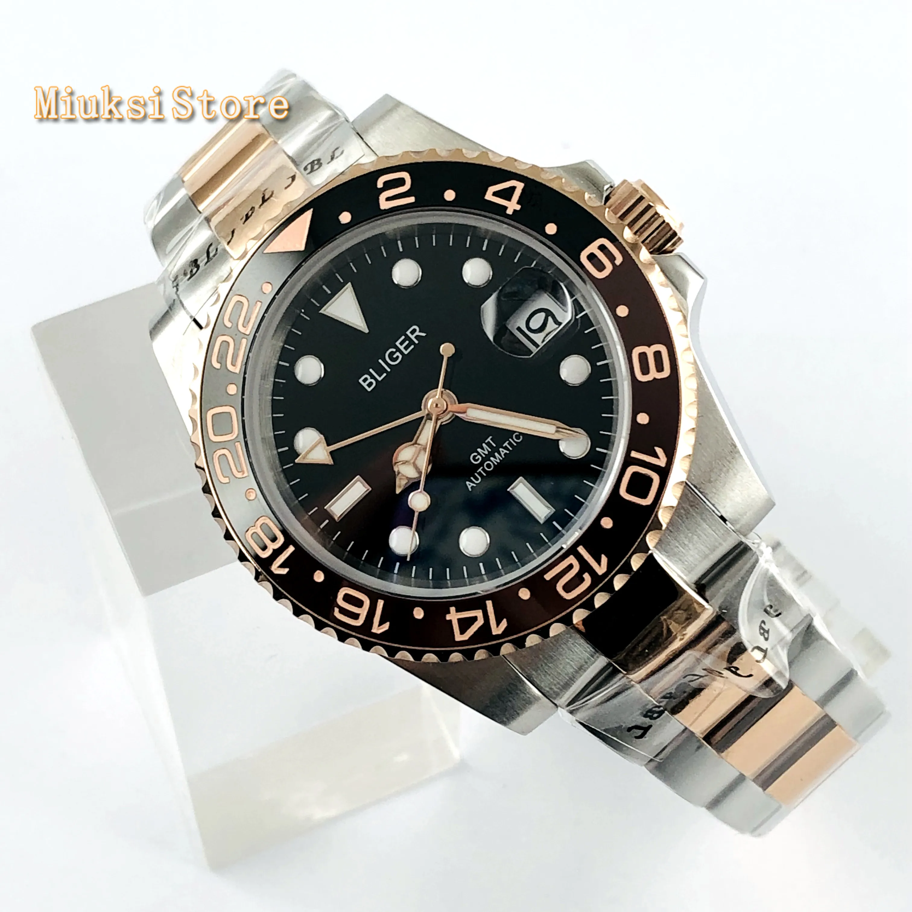 Мужские деловые часы Bliger 40 мм GMT черный циферблат сапфировое стекло Керамическая
