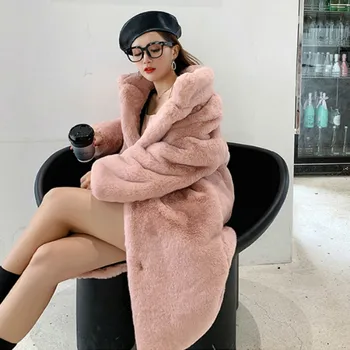 

Winter Women High Quality Faux Marten Hair Fur Coat Luxury Long Fur Coat Loose Lapel OverCoat Thick Warm Plus Size Female Plush