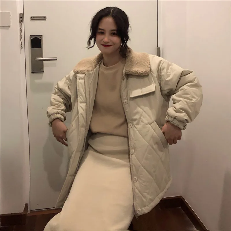 

Photo Shoot 2019 Most New Style Rhombus Lamb Fur Collar GIRL'S Casual Warm Autumn And Winter Cotton Coat Women's