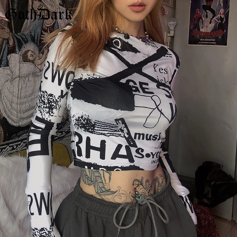 Готика Темный гранж-панк готический женские футболки Harajuku с буквенным принтом осень с длинным рукавом женская футболка Панк Мода Harajuku