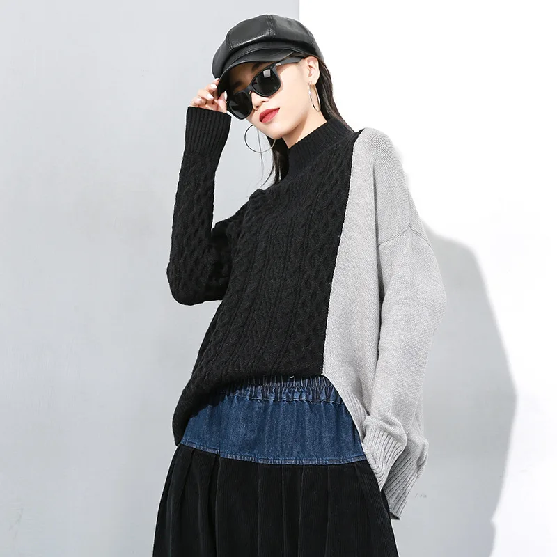 

Winter New Stitching Pullover Free Size Irregular Batwing Sleeve Shirt Korean Loose Color Patchwork Turtleneck Sweater