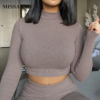 

Missakso Autumn Sexy Two Piece Set Streetwear Solid Long Sleeve Bandage Tracksuit Fashion O Neck Women Crop Top Skinny Pants