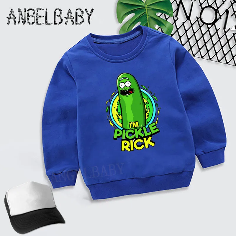 Boys Girls Sweatshirt Kids I'm Pickle Rick Print Cartoon Hoodies Children Autumn Tops Baby Cotton Clothes,KYT5056 - Цвет: 5056A-Blue