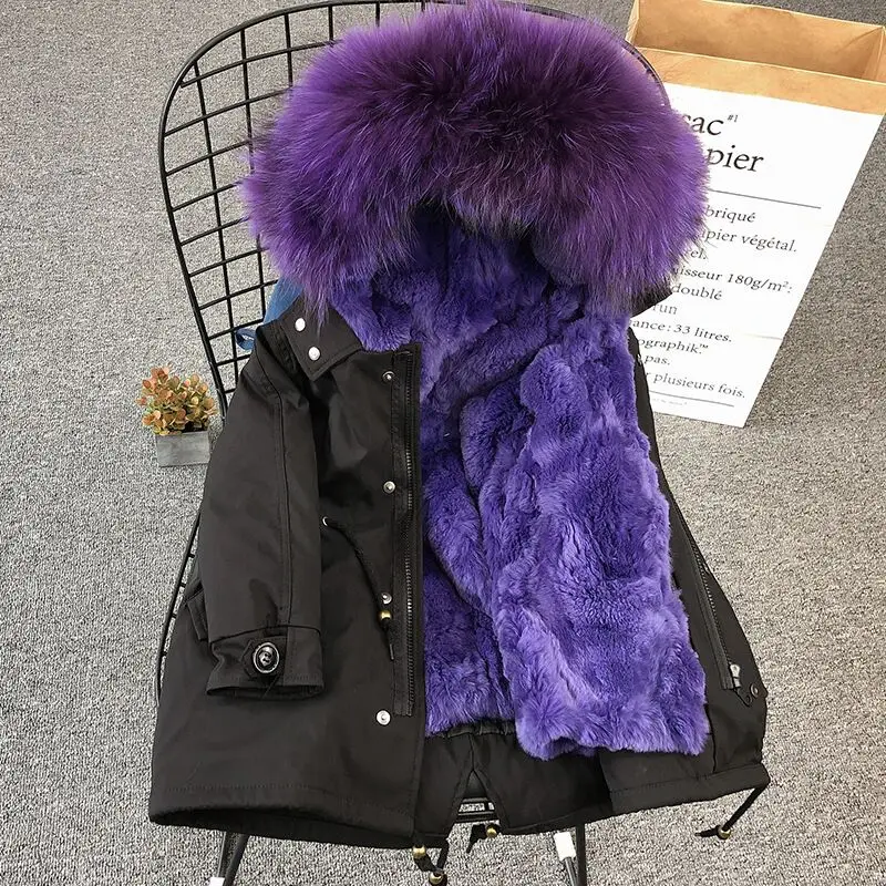 Black Purple Fur Пальто с кроличьим мехом для девочек детские куртки с натуральным мехом теплые парки с капюшоном для маленьких девочек зимнее пальто для девочек и мальчиков утепленные детские зимние костюмы - Цвет: Black Purple Fur