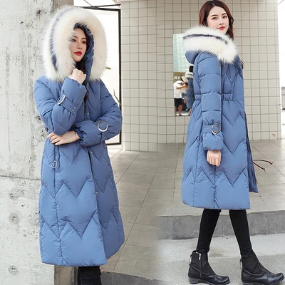 Blue Новинка года; зимние парки; женские утепленные пуховики из хлопка; теплые куртки с большим меховым воротником; пуховики из хлопка; женские длинные куртки с капюшоном - Цвет: Blue