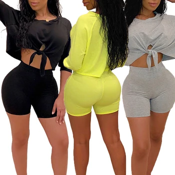 

Women Clothes Set Casual Solid Half Sleeve Crop Blouse Top Bodycon Shorts Sports Outfits Running Tops 2PCS