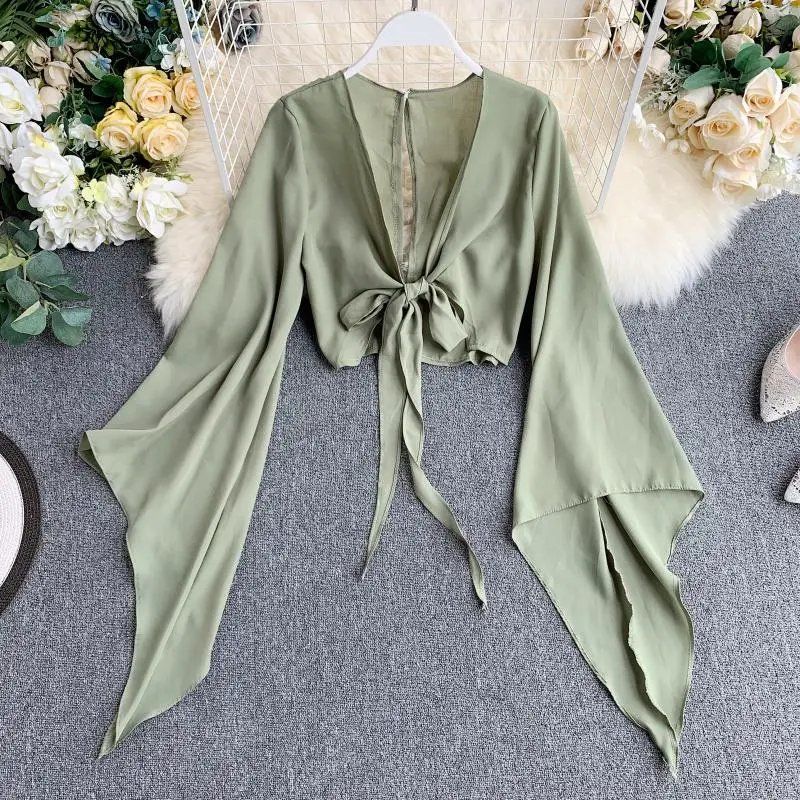 2022 New Summer 2 Piece Outfits For Women Flare Sleeve Crop Top + Broad-legged Shorts Fashion Ladies Sexy Solid Chiffon Suit Set lounge wear sets