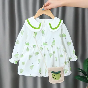 

Menoea Newborn Kids Girls Dress With Bag Autumn Long Sleeve Dresses Girls A-Line Fruit Printed Dress Toddler Baby Casual Dress