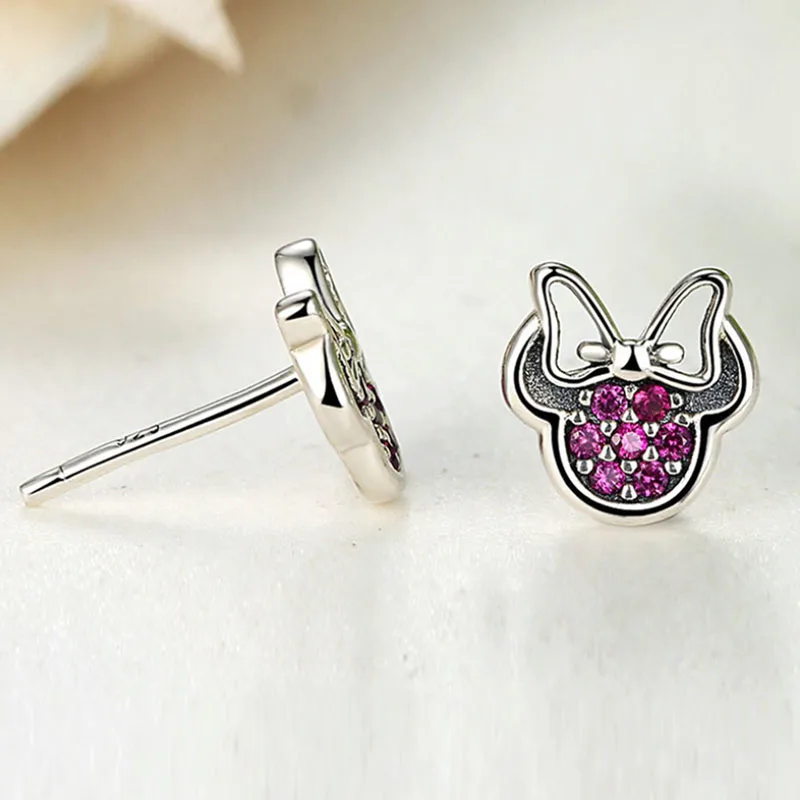 Посеребренные серьги для женщин розовый и красный CZ Minnie серьги гвоздики девушки леди подарок ювелирные изделия