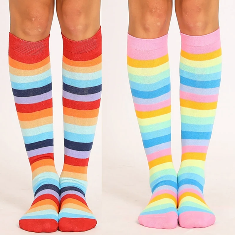 

Women Stockings Cute Cotton Thigh High Mixed Colored Rainbow Striped Long Stockings Knitted Ladies Over The Knee Socks