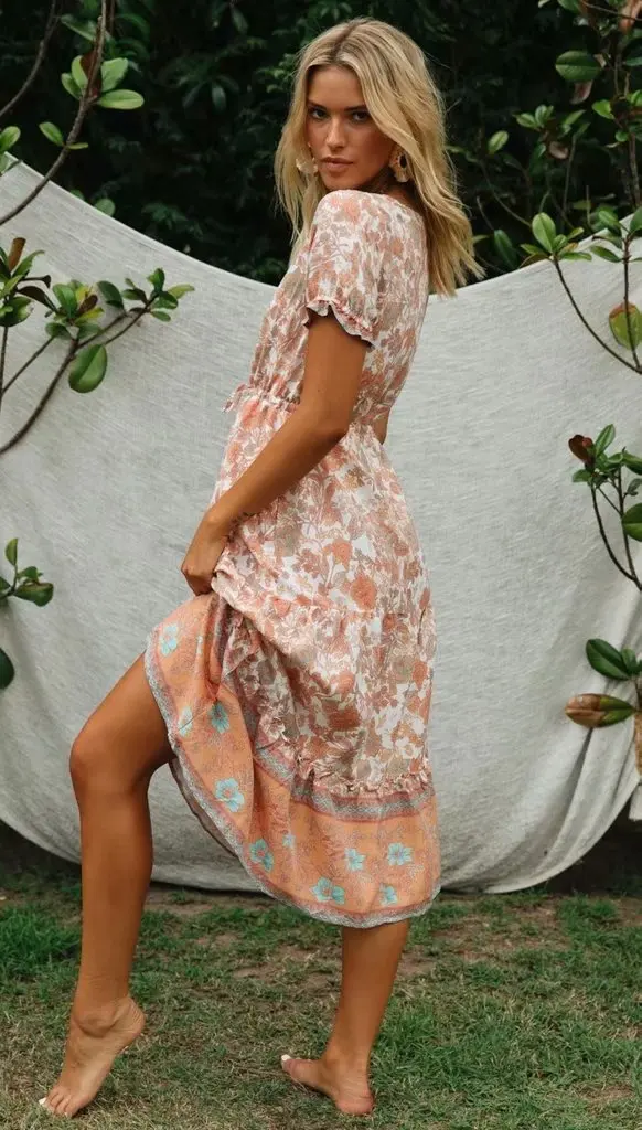 Boho, летнее платье миди с цветочным принтом, короткий рукав, v-образный вырез, шнуровка, винтажное, Vestido, Пляжное, шикарное, длинное женское платье, одежда для вечеринок
