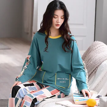 

M L XL XXL Long Sleeve Women Nightwear Sleepwear 100% Cotton Nightwear Sets Autumn Pajamas Women Pyjamas