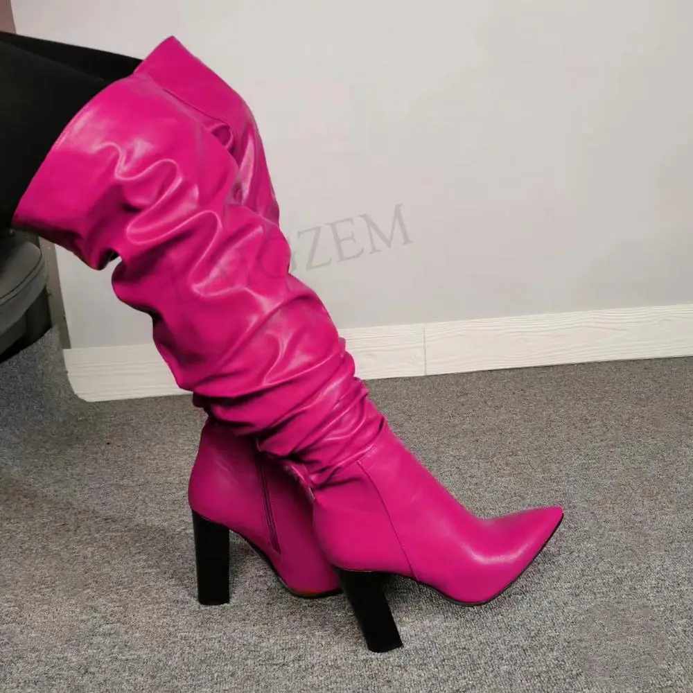 LGZ1098 Fuchsia LAIGZEM, женские сапоги выше колена, сутулящиеся, толстый каблук, молния, Botines bottes femme mujer, женская обувь, большие размеры 37, 45, 46, 47 - Цвет: LGZ1098 Fuchsia