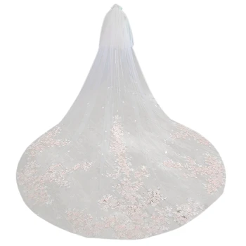 

Stunning Two-Layer Luxury Lace Wedding Veils with Pink Flowers 3.5 Meters Long Bridal Veils with Comb White